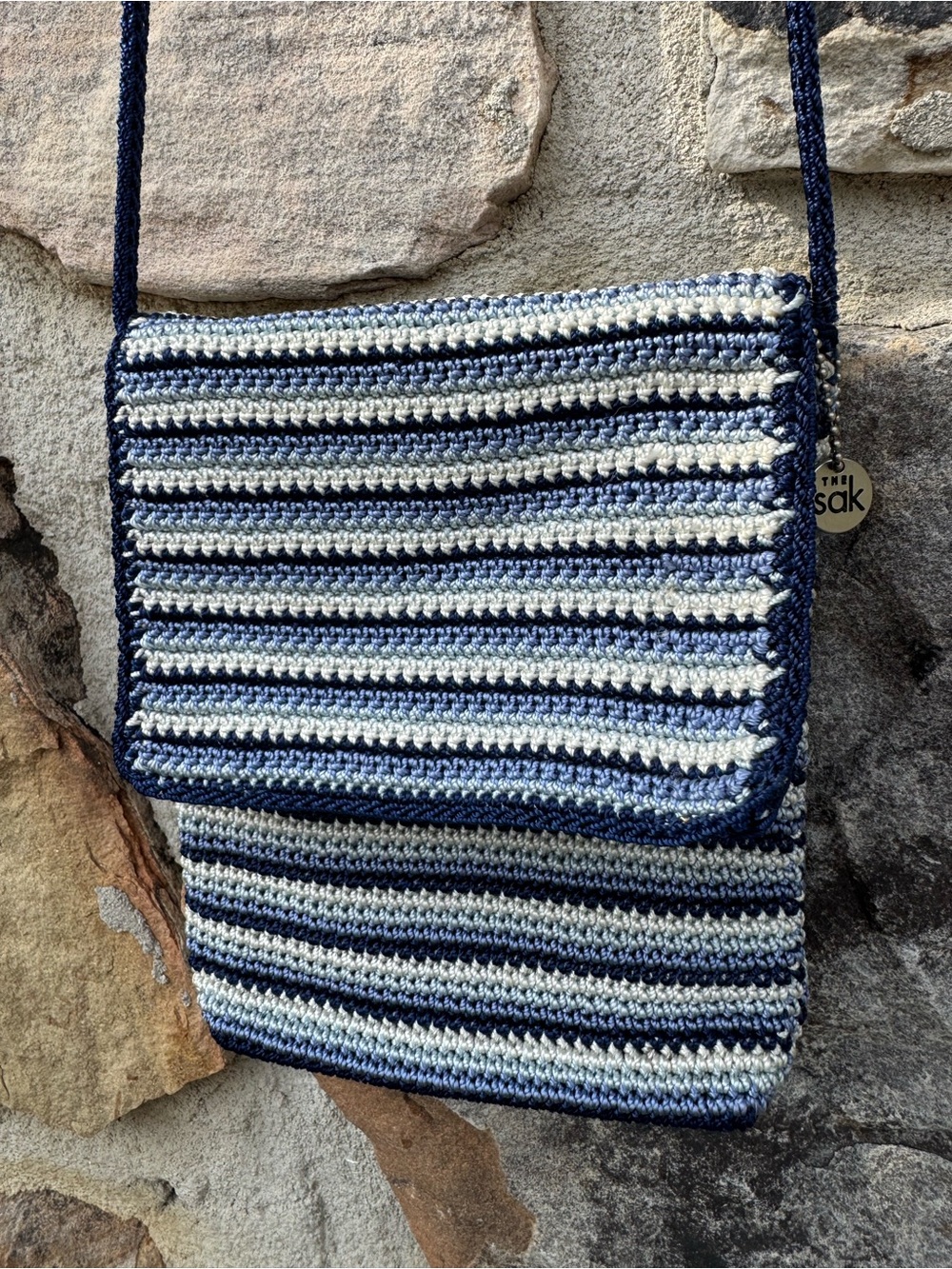 The Sak Navy & Cream Striped Crochet Crossbody Mini Y2K Millennial Retro 90s